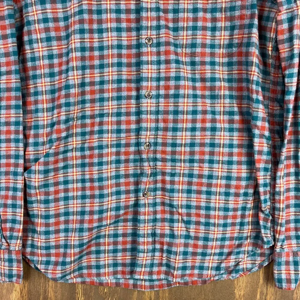 J Crew Mens Flannel Shirt Multicolor Green Gray Orange Plaid Slim Button Down L